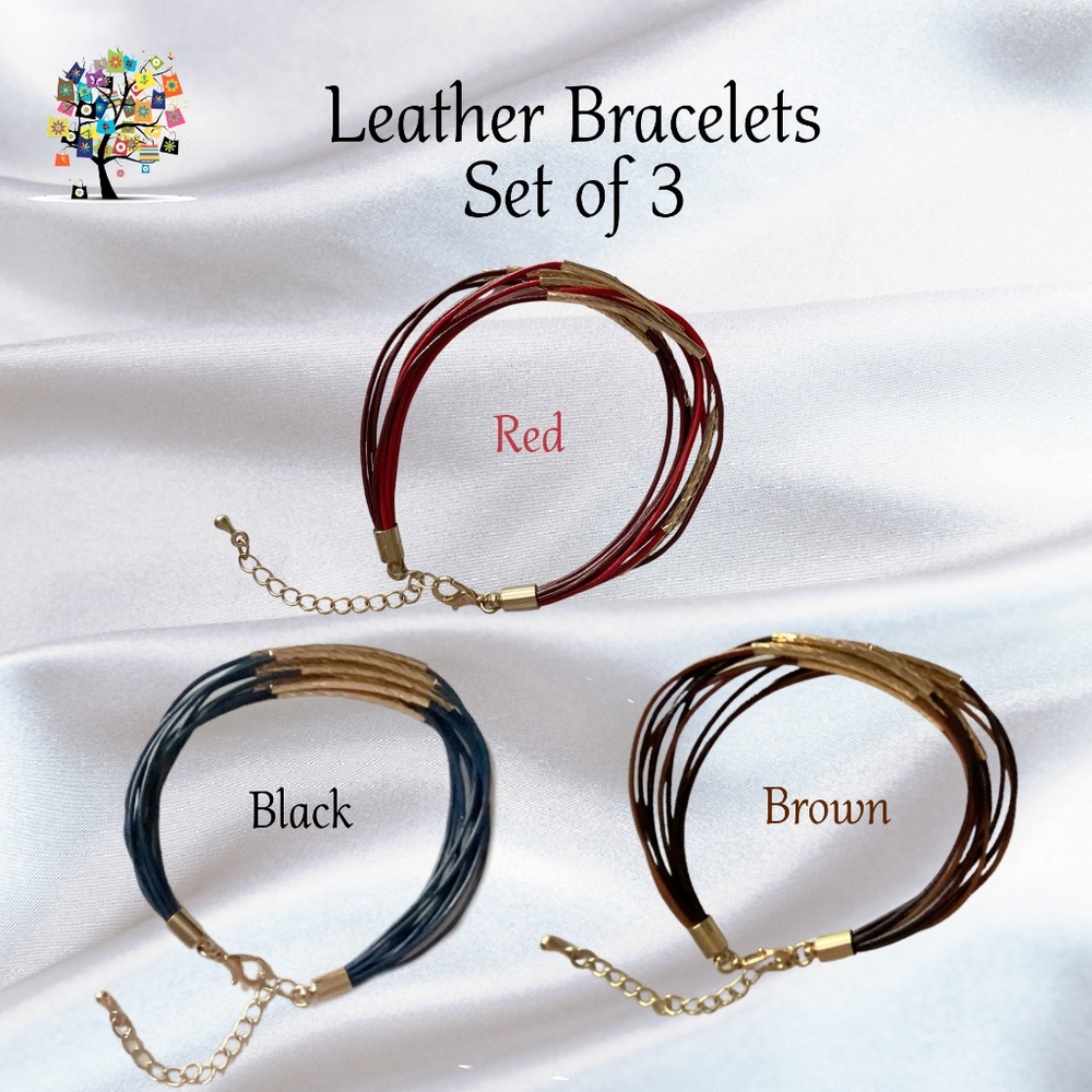 Leather Bracelets with Gold Accents Set of 3 in Black Brown Red
